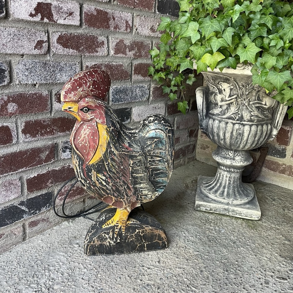 Vtg Wood Carved Rooster Figurine Statue 20" Tall Distressed Farm Rustic Shabby
